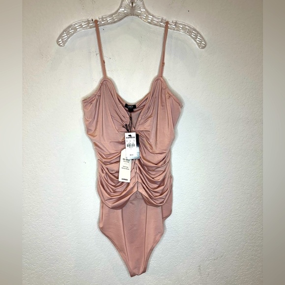 Express Tops - EXPRESS Ruched Wire VNeck Silky Body contour Thong Bodysuit